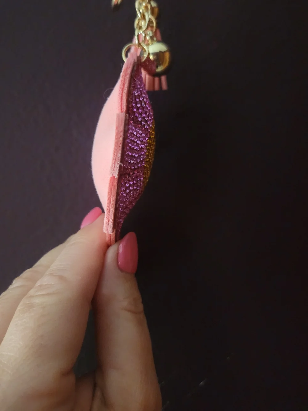 Pink Flower Crystal Tassel Keychain Charm with Gold Accent